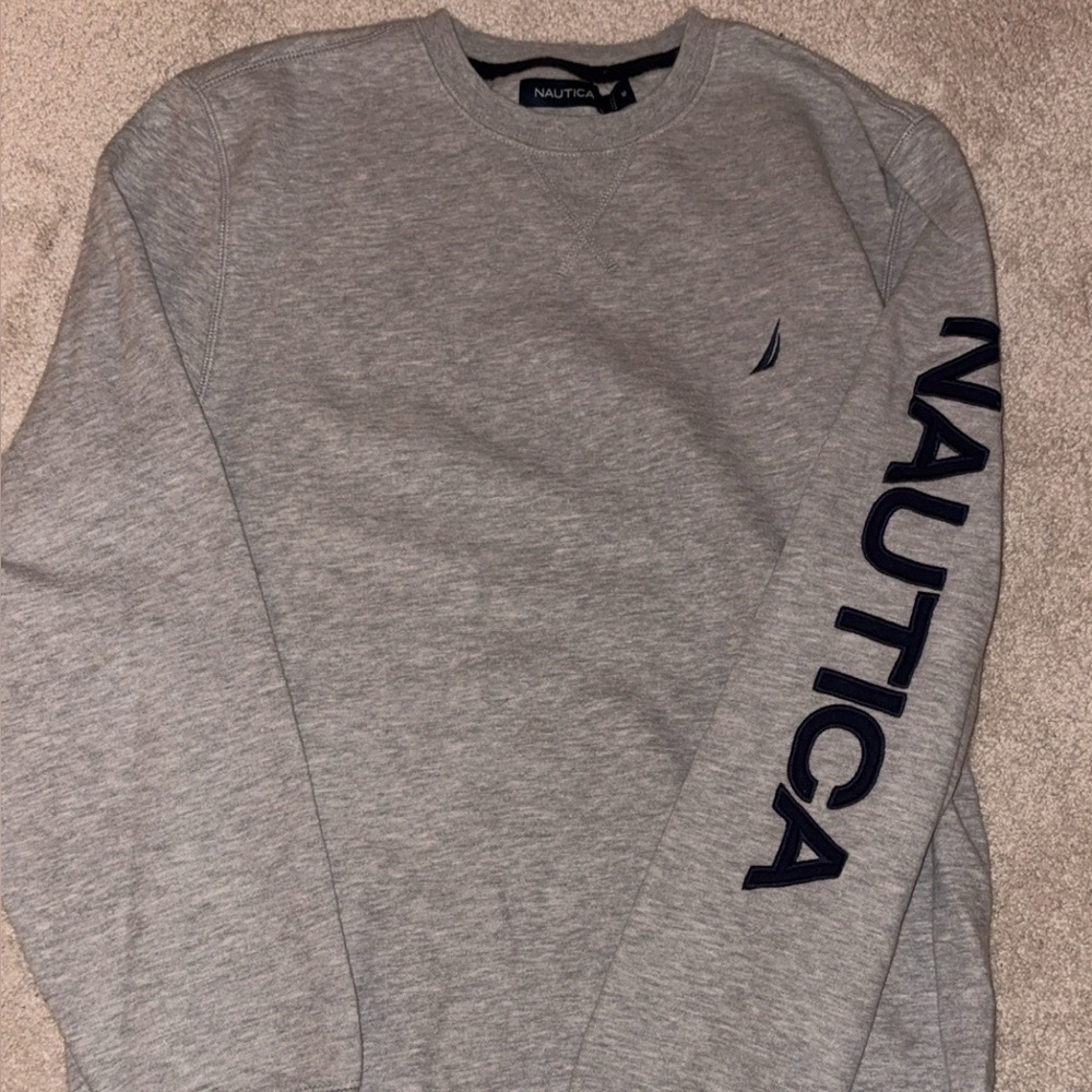 Nautica Men's Crewneck Sweater in Gray with Navy Lettering